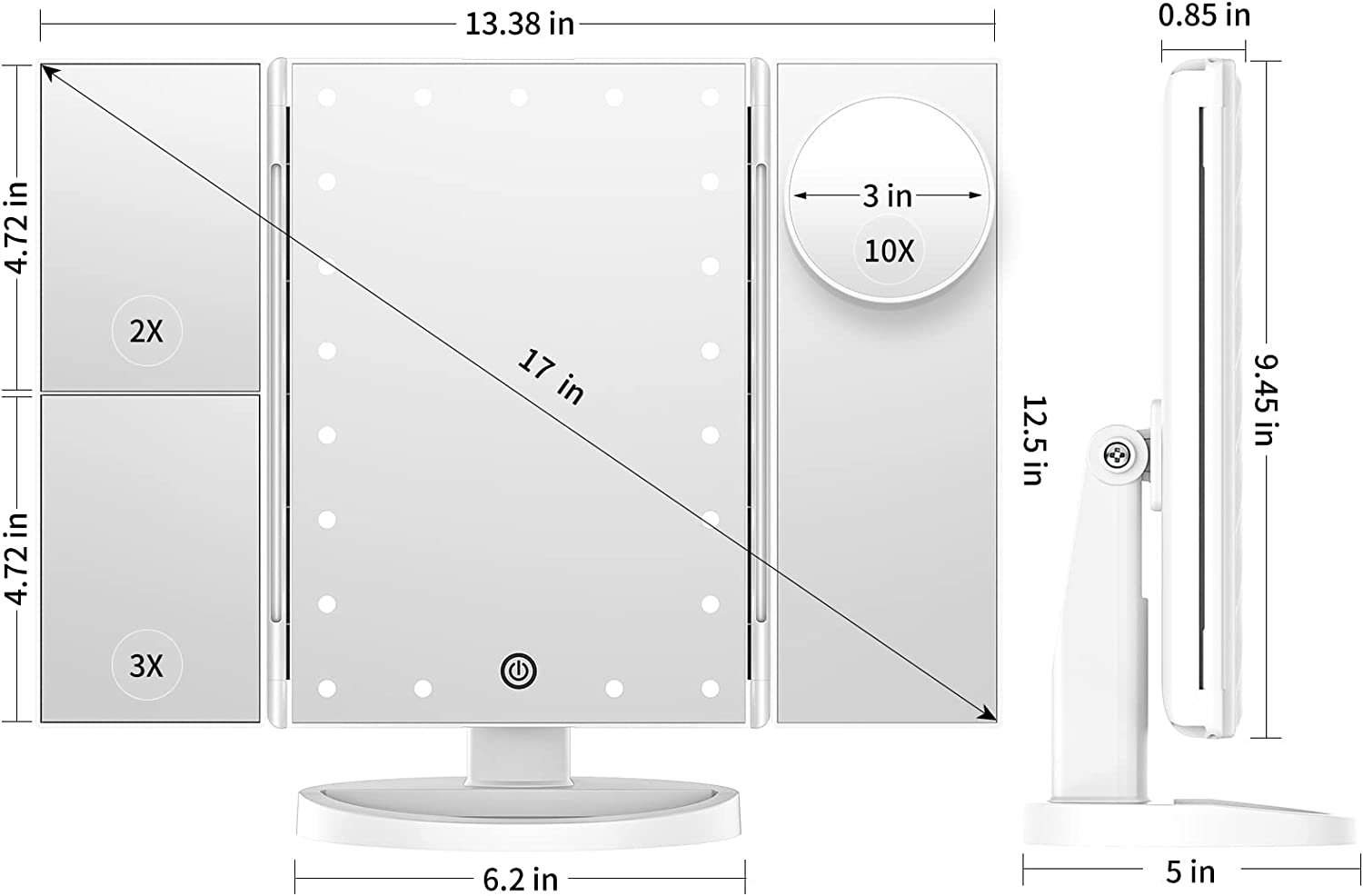 Makeup Mirror Vanity Mirror with Lights, Lighted Makeup Mirror with 2X 3X 10X Magnification, 21 LED Trifold Compact Mirror, Touch Dimming Light Up Mirror, Dual Power Supply, Gifts for Women (White)