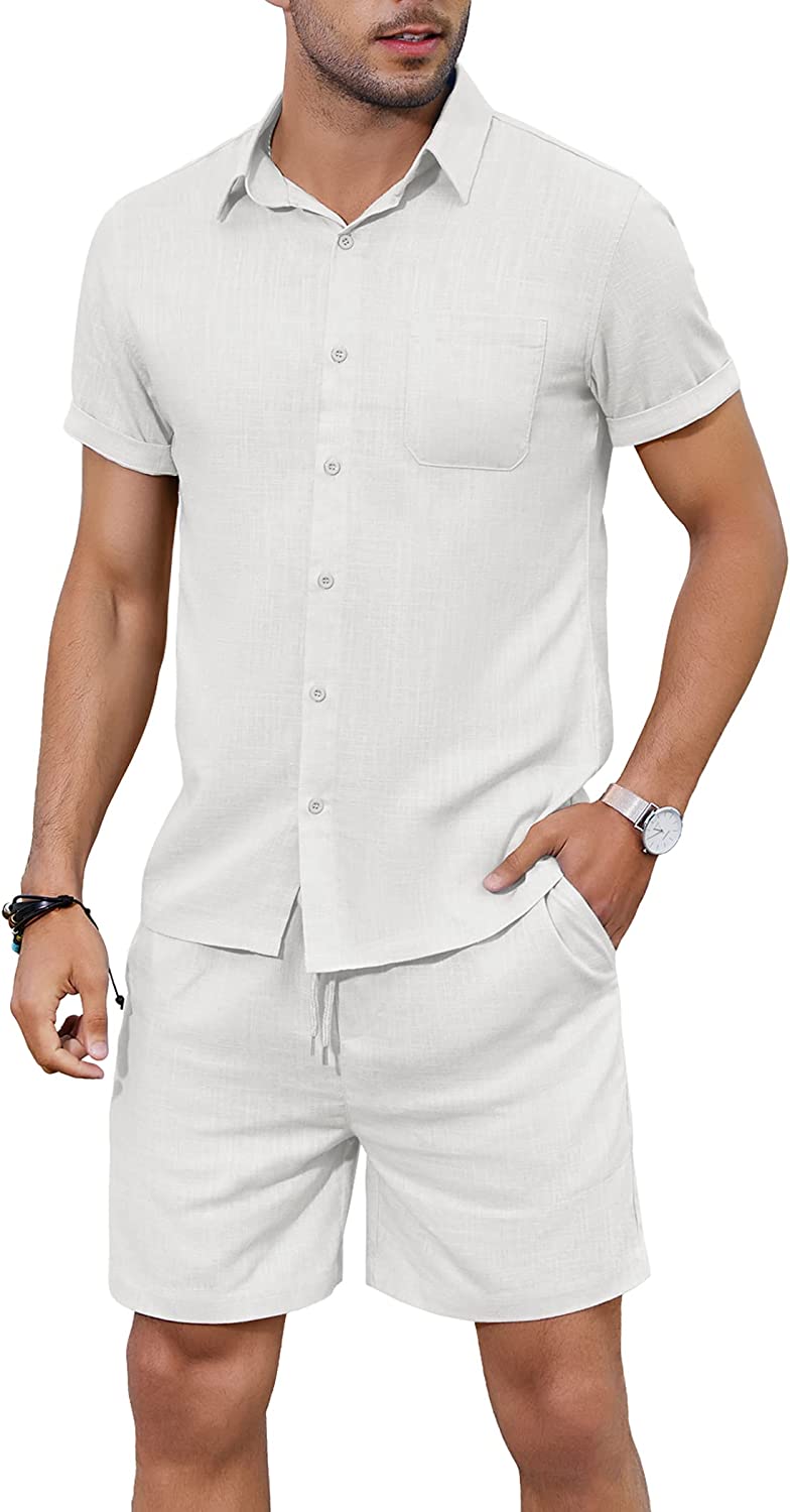 COOFANDY Men 2 Piece Linen Set Casual Short Sleeve Shirt and Short Beach Set